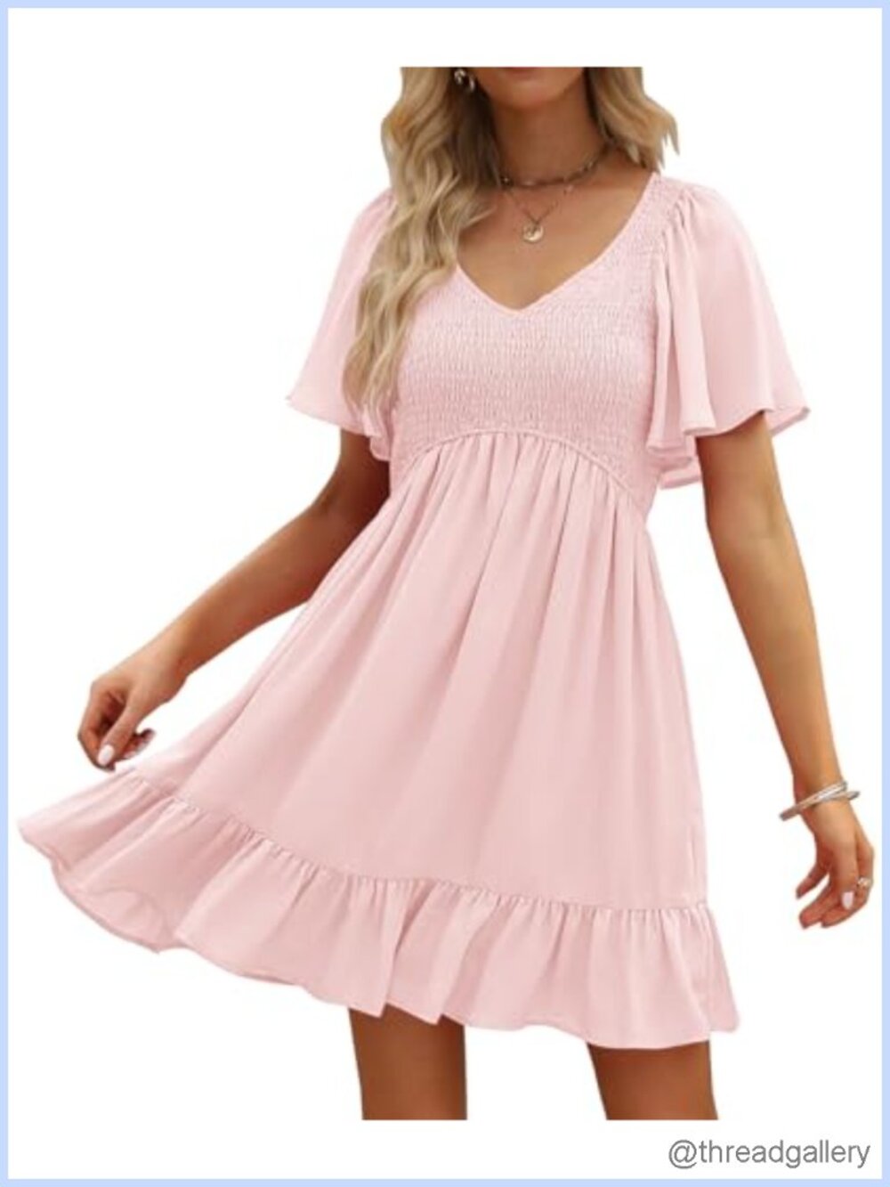 Flowy Mini Dress Flutter Sleeve V Neck Smocked Casual Summer